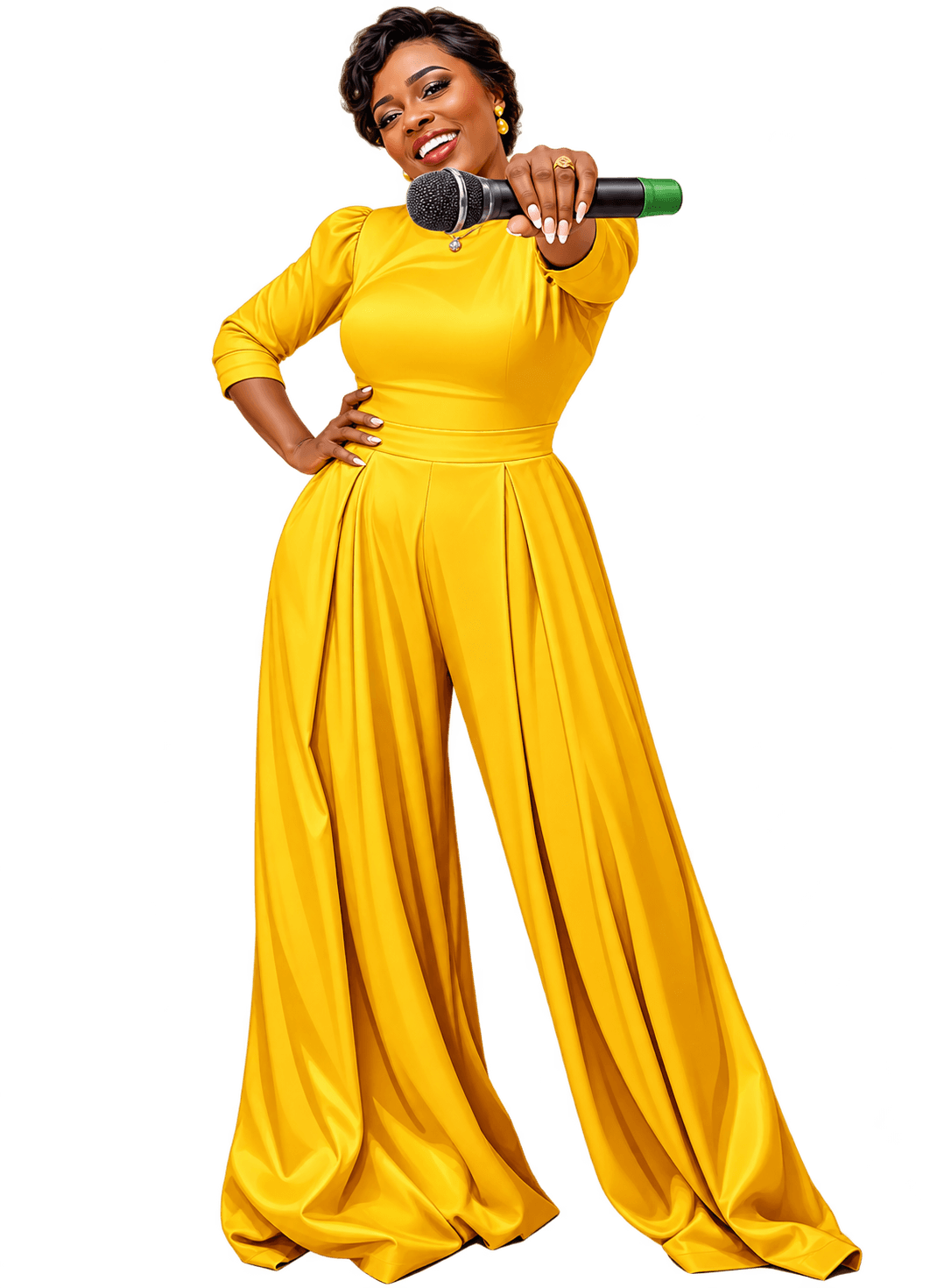 Jennifer Ibrahim in a mustard jumpsuit holding a microphone out to the viewer